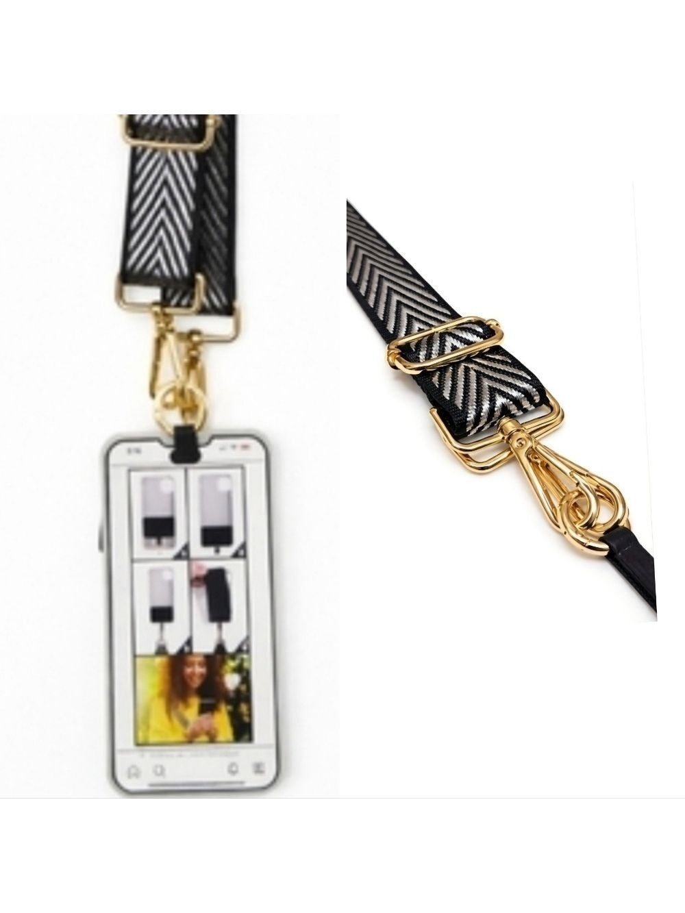Black & Silver Chevron Crossbody Phone Lanyard Or Bag Strap Gold Hardware - New